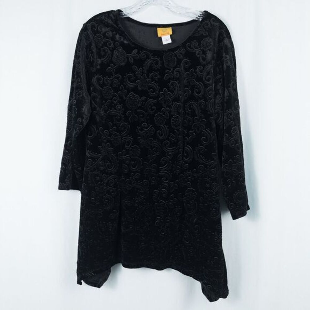 Ruby Rd Velour Floral 3/4 Sleeve Asymmetric Hem Tunic Top Large Black Whimsigoth